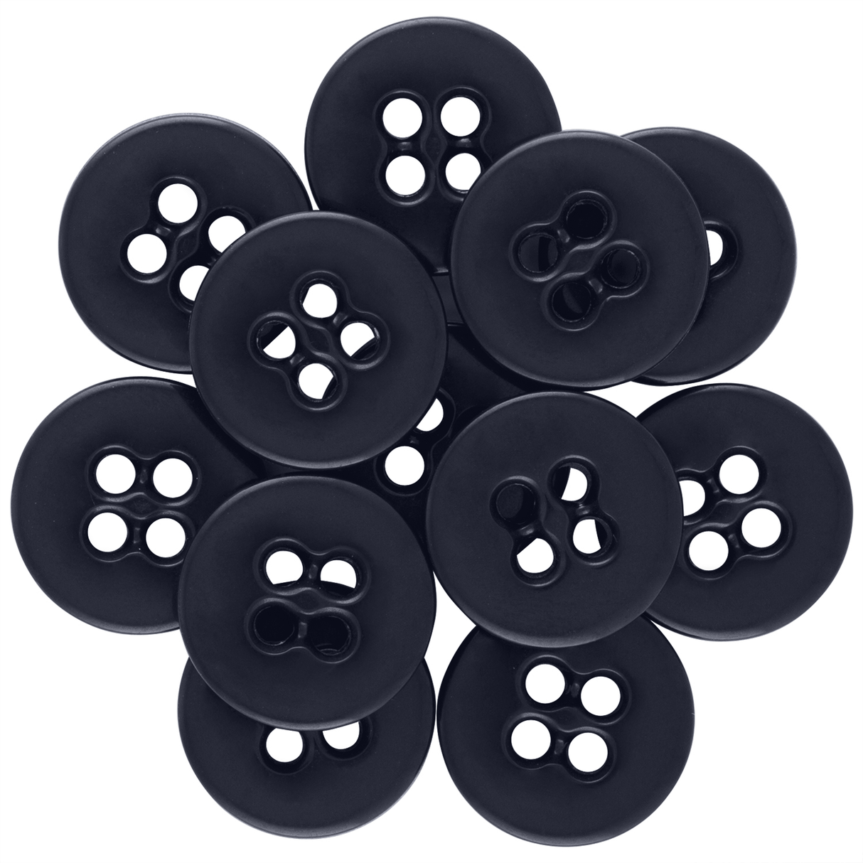 A circular cluster of black Suspender Brace Pant Buttons, featuring two and four holes, displayed on a white background.
