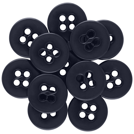 A circular cluster of black Suspender Brace Pant Buttons, featuring two and four holes, displayed on a white background.