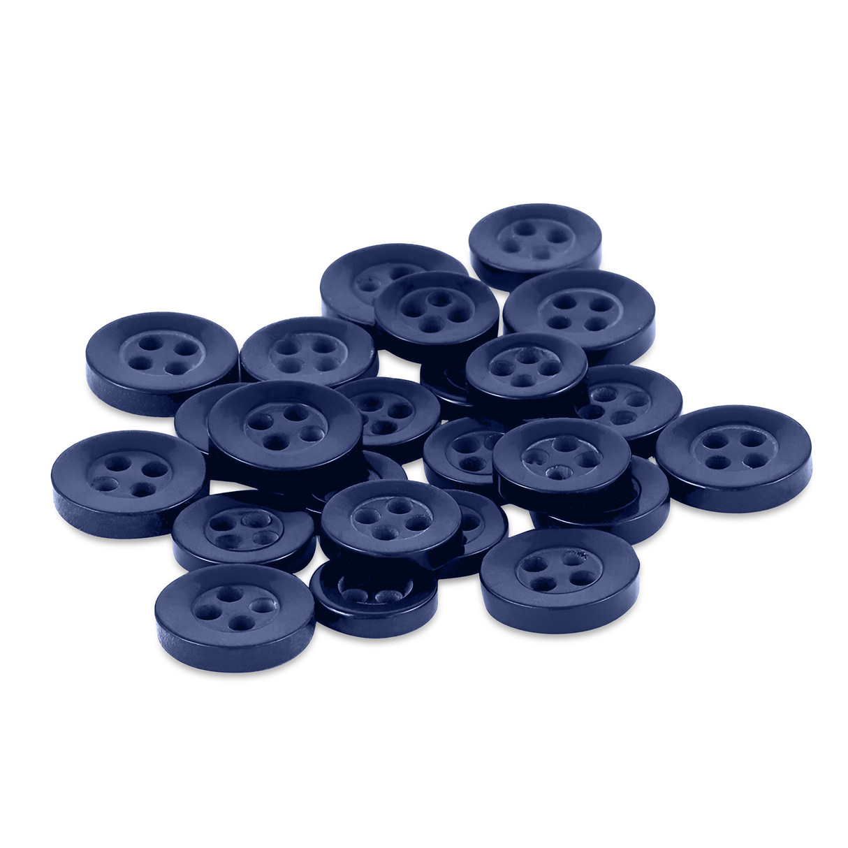 A scattered pile of round, dark blue Replacement Shirt Buttons with four holes on a white background—ideal for dress shirt repairs or a tailor’s kit.