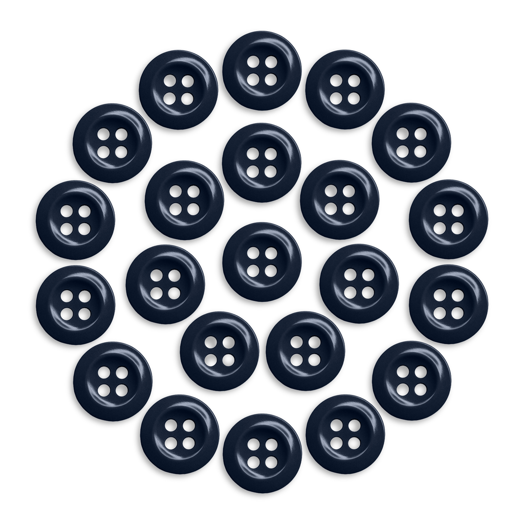 Twenty-two durable work shirt buttons arranged in a circle on a white background. Product: Work Shirt Buttons 22 Pack.