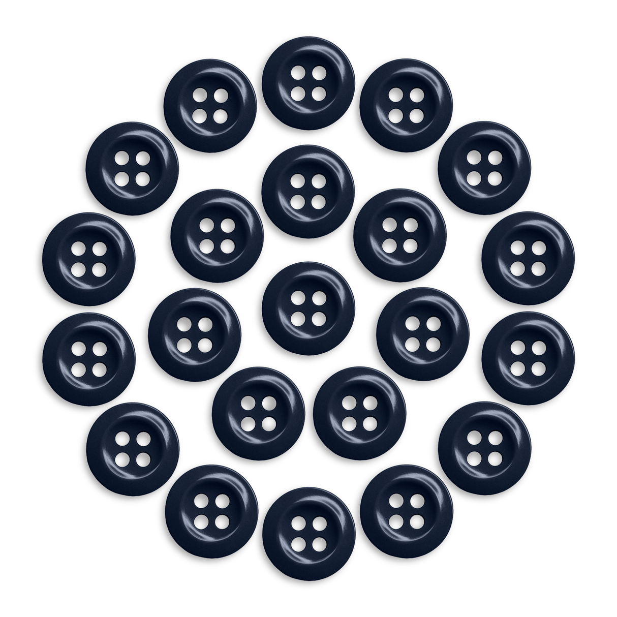 Twenty-one Work Shirt Buttons in dark blue are arranged in a circular pattern on a white background.