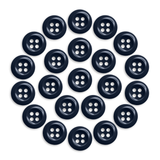 Twenty-one Work Shirt Buttons in dark blue are arranged in a circular pattern on a white background.