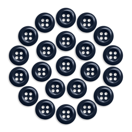 Twenty-one Work Shirt Buttons in dark blue are arranged in a circular pattern on a white background.