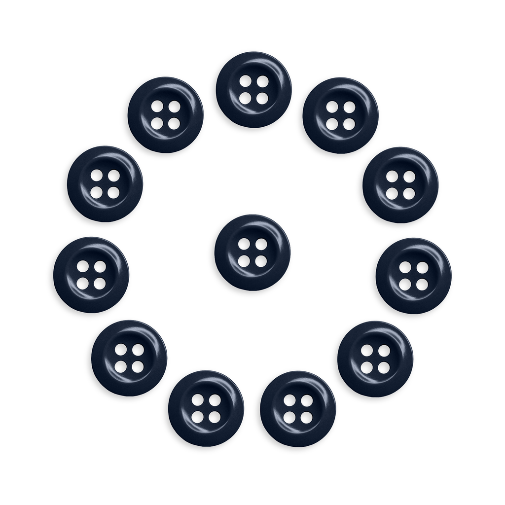 The Work Shirt Buttons 12 Pack features twelve black replacement buttons arranged in a circle with one black button at the center, all displayed on a white background.
