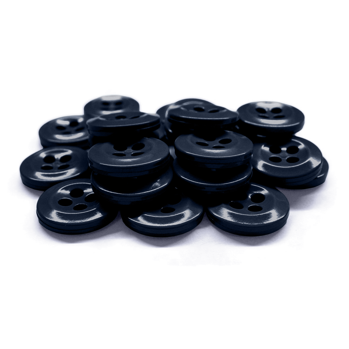 A pile of Work Shirt Buttons, black with four holes, stacked on a white surface.