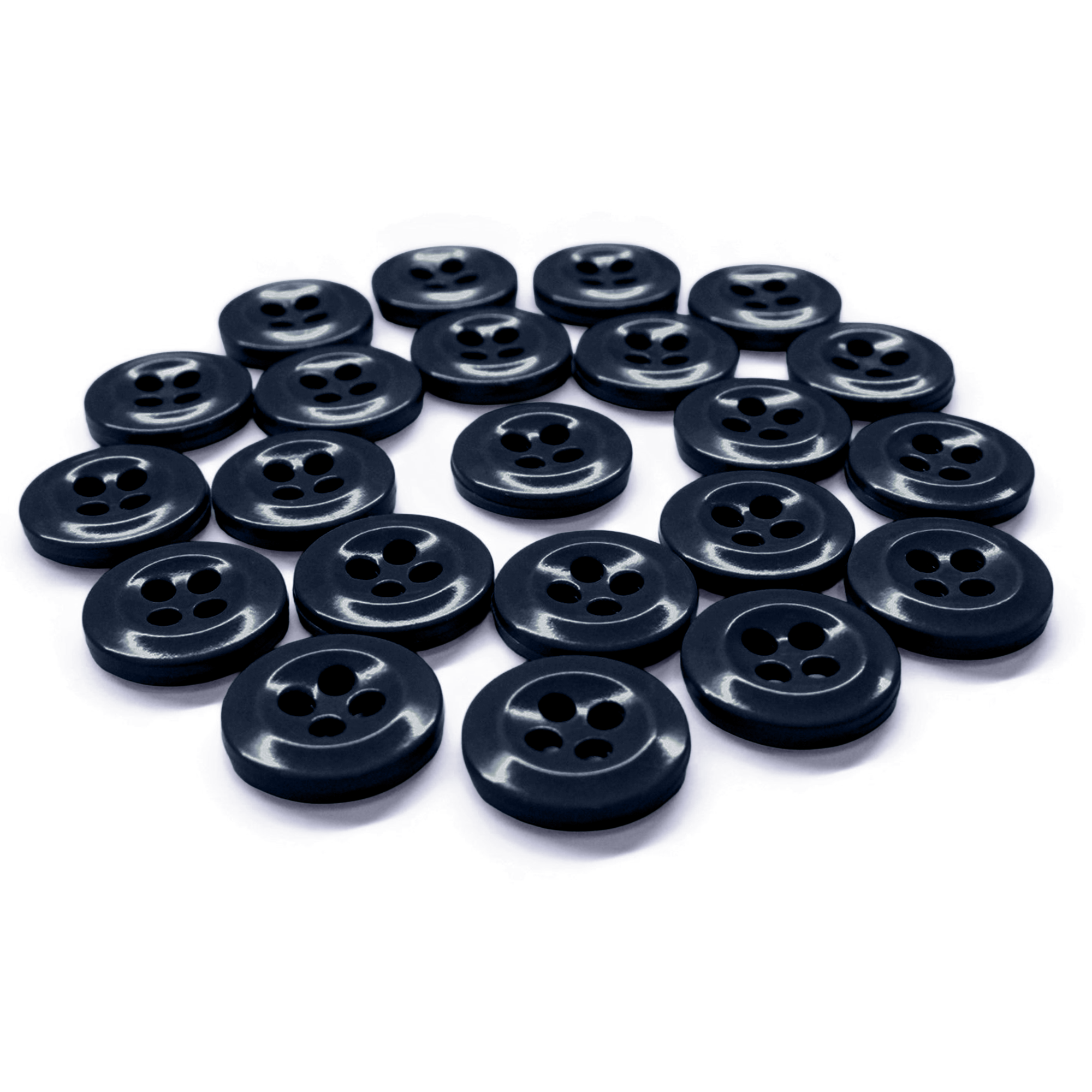 The Work Shirt Buttons 22 Pack features dark blue, military spec four-hole buttons, neatly arranged on a white background—durable replacements ideal for work shirts.