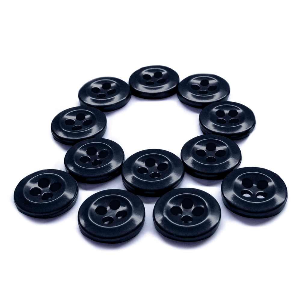 Twelve black Work Shirt Buttons from the 12 Pack are arranged in a circle on a white background.