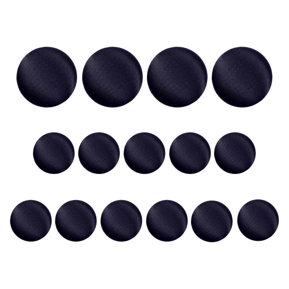 Four rows of dark navy Tuxedo Suit Buttons in two sizes, arranged by size on a white background—ideal as formal suit buttons or black satin tuxedo buttons for an elegant, refined look.