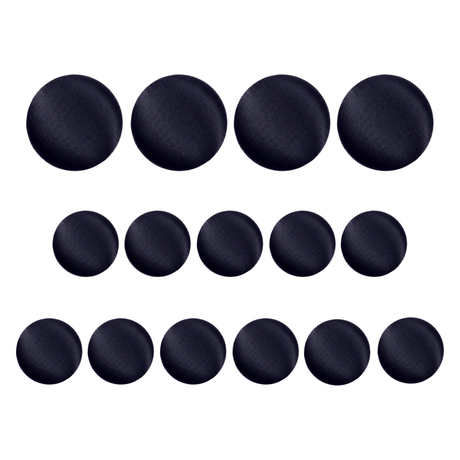 Four rows of dark navy Tuxedo Suit Buttons in two sizes, arranged by size on a white background—ideal as formal suit buttons or black satin tuxedo buttons for an elegant, refined look.