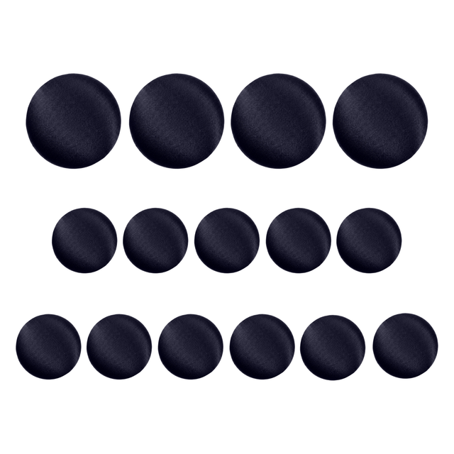 Four rows of dark navy Tuxedo Suit Buttons in two sizes, arranged by size on a white background—ideal as formal suit buttons or black satin tuxedo buttons for an elegant, refined look.