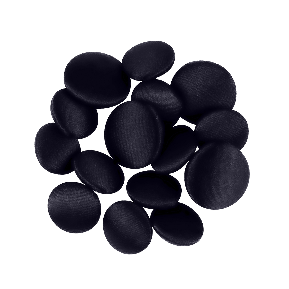 A group of smooth, round Tuxedo Suit Buttons arranged in a loose circular pattern on a white background, resembling elegant black satin tuxedo buttons.