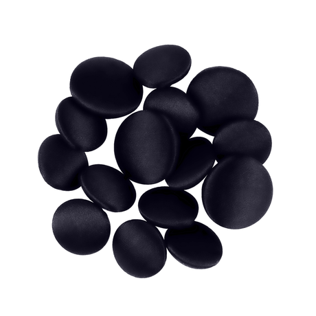 A group of smooth, round Tuxedo Suit Buttons arranged in a loose circular pattern on a white background, resembling elegant black satin tuxedo buttons.