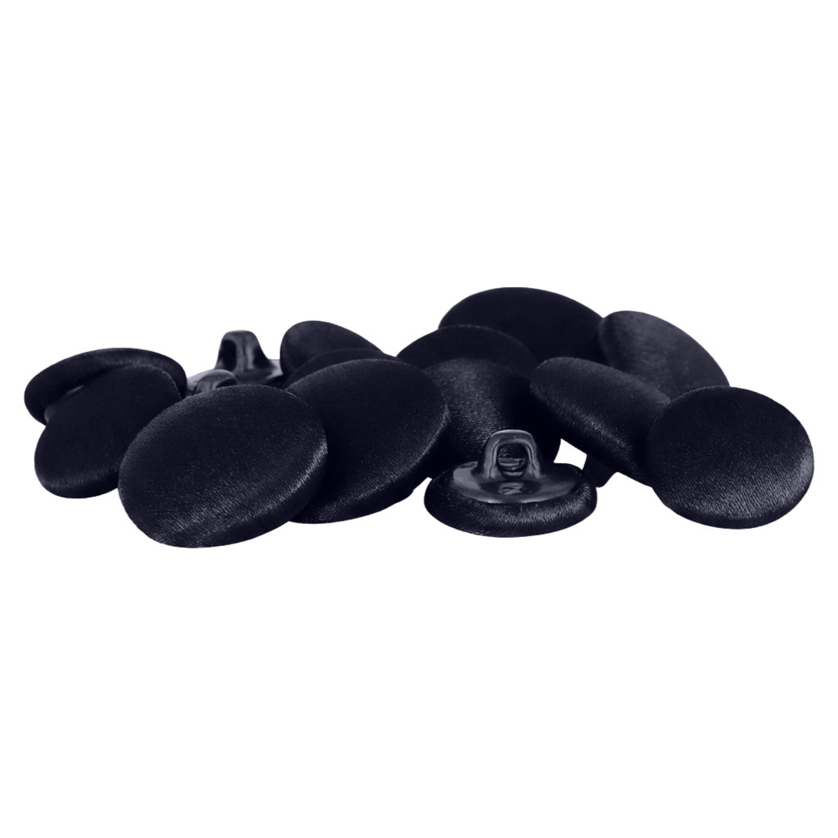 A pile of round, black Tuxedo Suit Buttons with shanks sits on a white background—ideal for formalwear and classic tuxedo styles.