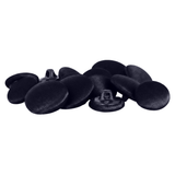 A pile of round, black Tuxedo Suit Buttons with shanks sits on a white background—ideal for formalwear and classic tuxedo styles.