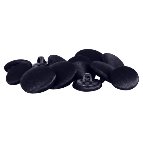 A pile of round, black Tuxedo Suit Buttons with shanks sits on a white background—ideal for formalwear and classic tuxedo styles.