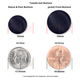 Tuxedo Suit Buttons, such as black satin styles, are shown next to a US dime and penny for size comparison, with millimeter measurements provided.