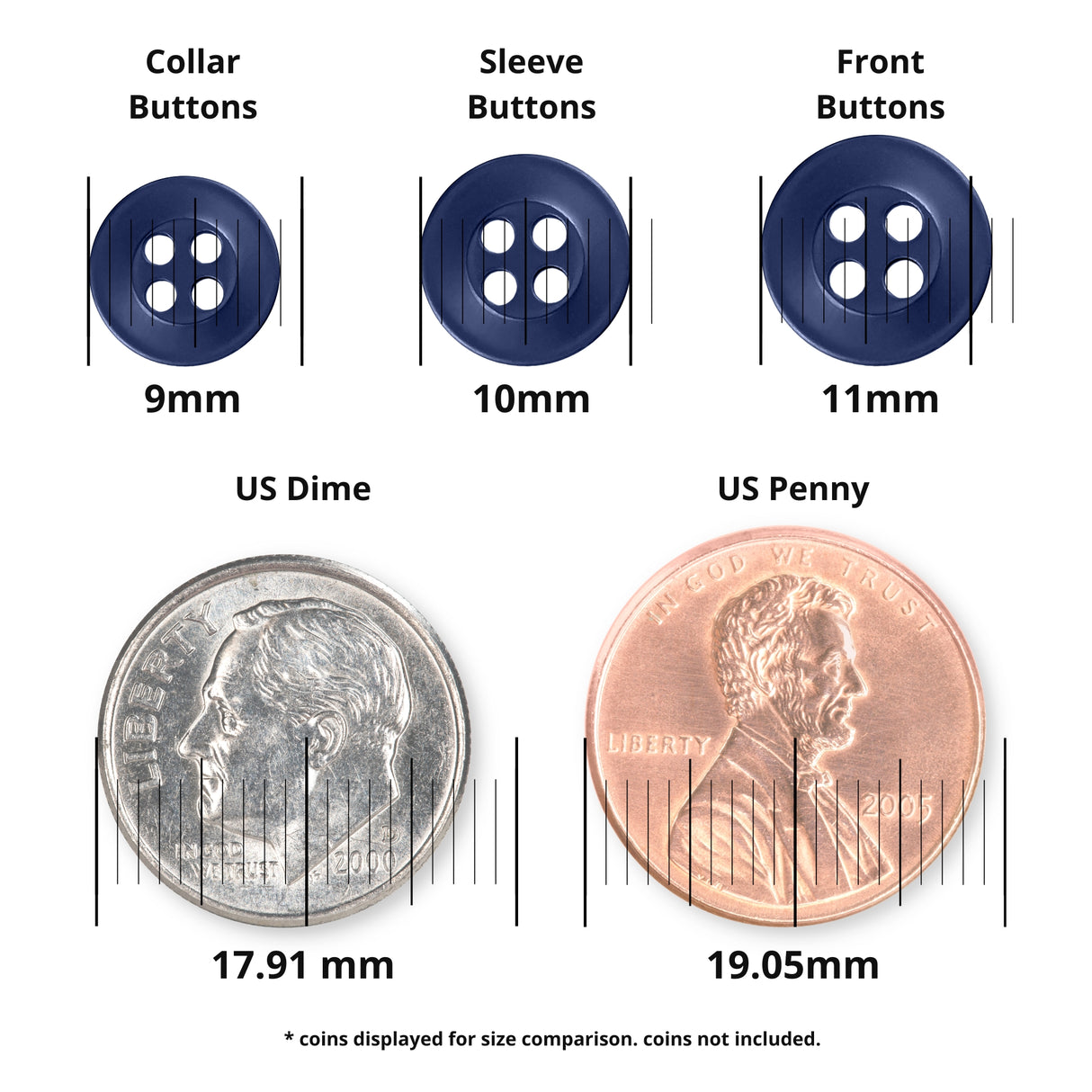 Three navy Replacement Shirt Buttons and two coins (a dime and a penny) are displayed with labeled diameters for easy size comparison—ideal for tailoring kits or when you need durable shirt buttons.
