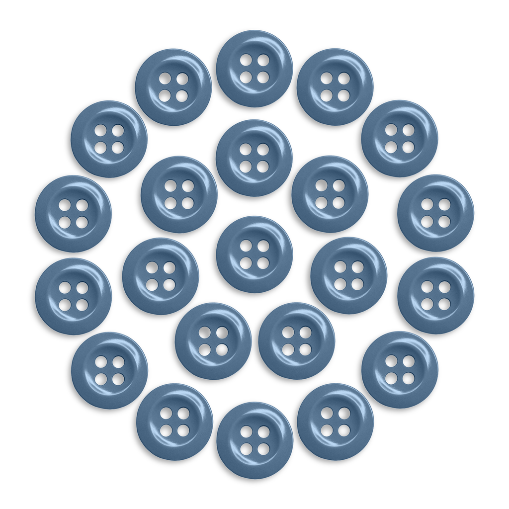 A neat circle of blue Work Shirt Buttons 22 Pack, each with four holes, displayed on a white background.