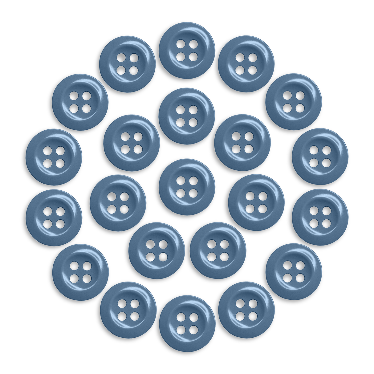 Twenty-one Work Shirt Buttons, blue and military spec, arranged in a circular pattern on a white background.