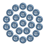 Twenty-one Work Shirt Buttons, blue and military spec, arranged in a circular pattern on a white background.