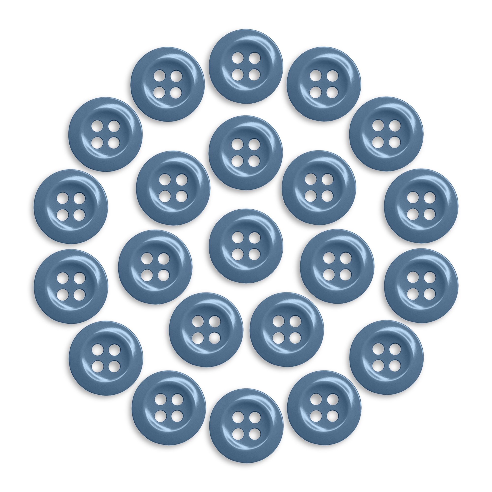 A neat circle of blue Work Shirt Buttons 22 Pack, each with four holes, displayed on a white background.