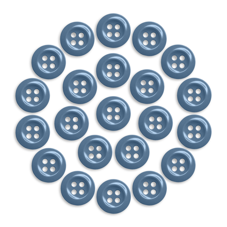 Twenty-one Work Shirt Buttons, blue and military spec, arranged in a circular pattern on a white background.
