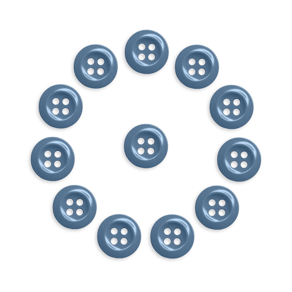 Twelve Work Shirt Buttons 12 Pack blue industrial buttons are arranged in a circle around one button on a white background.