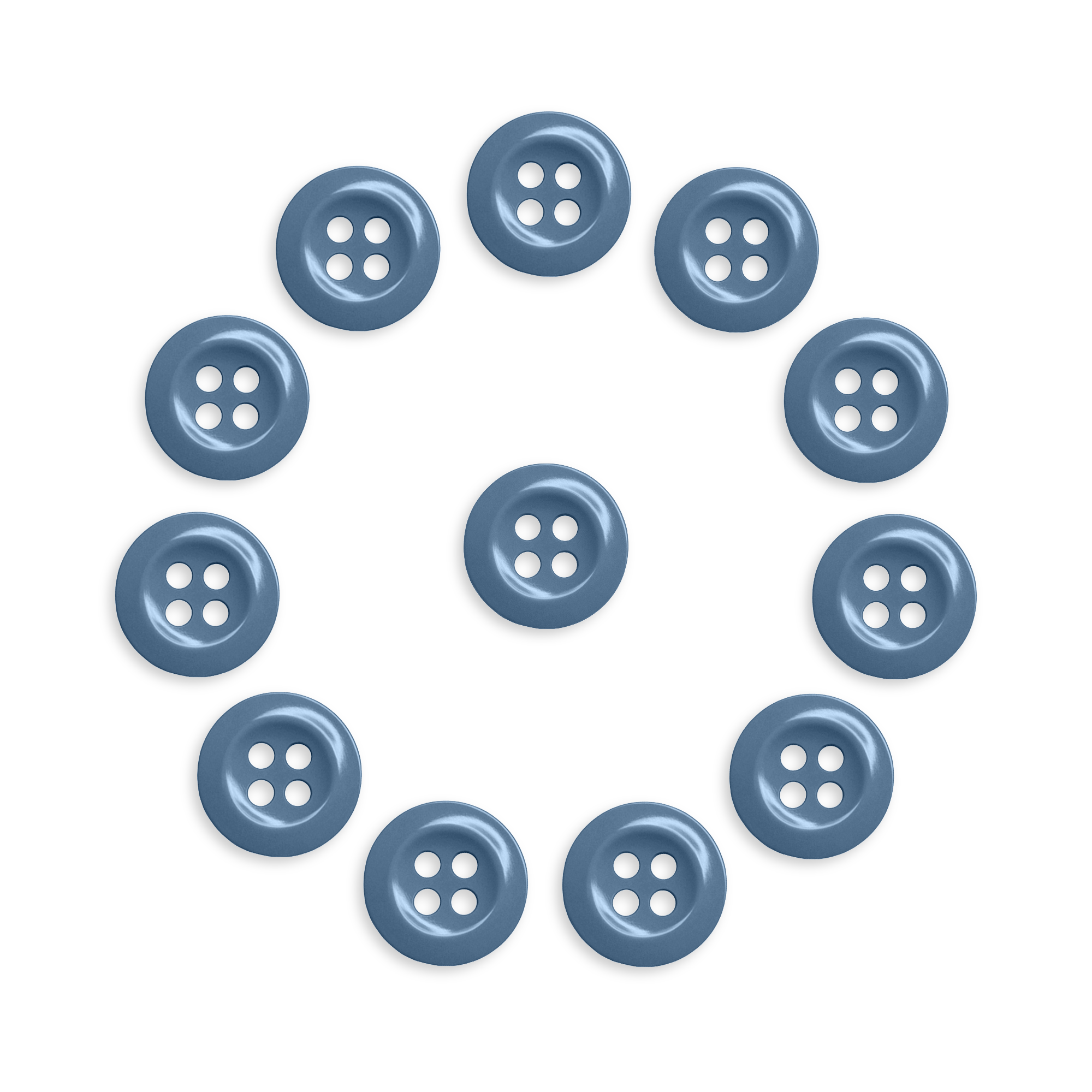 Twelve Work Shirt Buttons 12 Pack blue industrial buttons are arranged in a circle around one button on a white background.