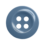 Work Shirt Buttons: Shiny blue, four-hole buttons viewed from above on a white background—perfect replacements for industrial work shirts.
