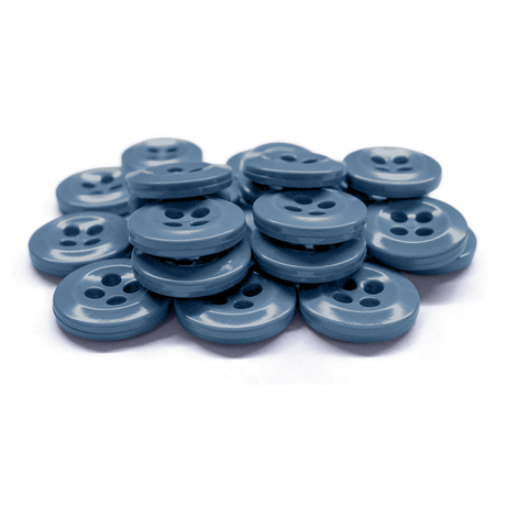 A pile of blue Work Shirt Buttons with four holes made of plastic is displayed on a white background.