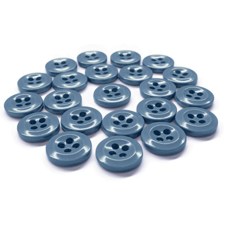 Twenty-three blue Work Shirt Buttons, each with four holes, are arranged in a rough circle on a white background.