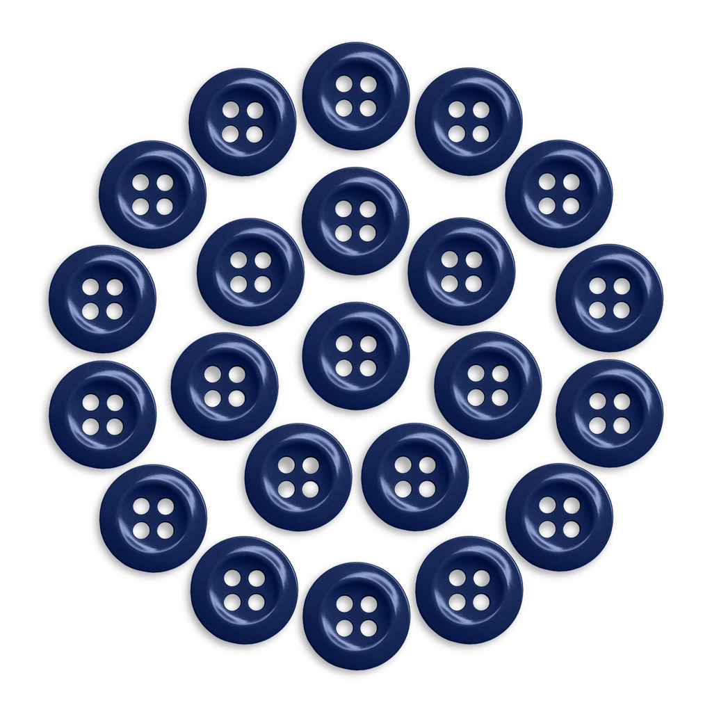 A pack of 22 durable blue Work Shirt Buttons is arranged in a circular pattern on a white background.