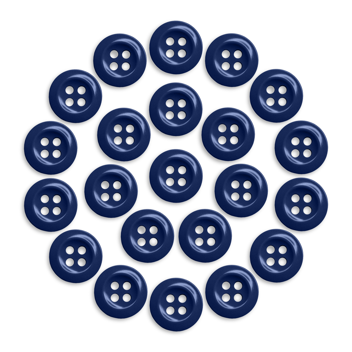A circle of evenly spaced Work Shirt Buttons, each blue with four holes, is displayed on a white background.