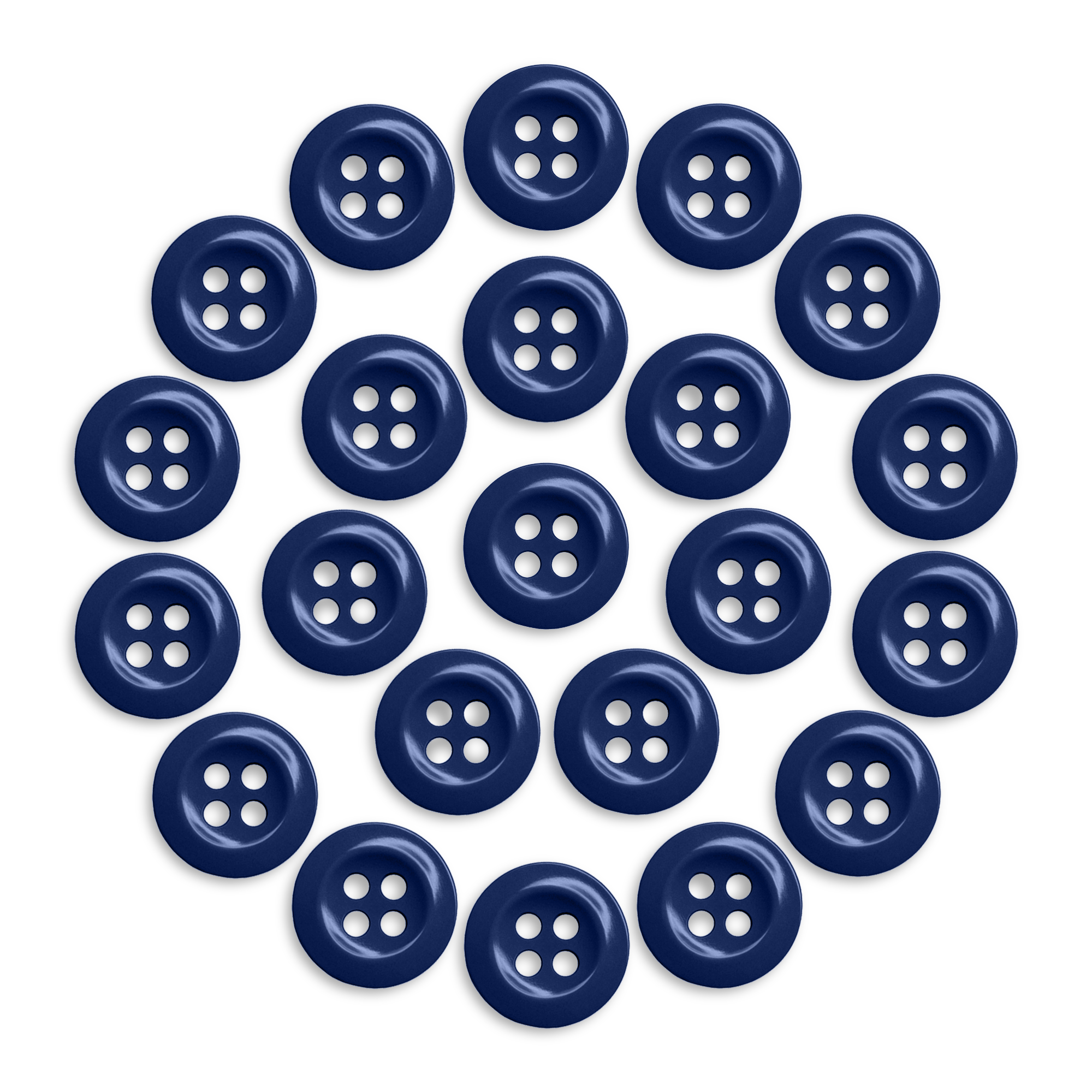 A pack of 22 durable blue Work Shirt Buttons is arranged in a circular pattern on a white background.