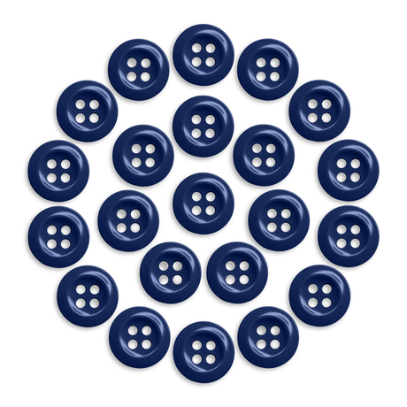 A circle of evenly spaced Work Shirt Buttons, each blue with four holes, is displayed on a white background.