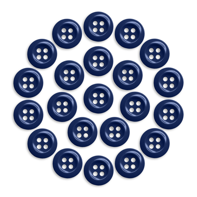 A circle of evenly spaced Work Shirt Buttons, each blue with four holes, is displayed on a white background.