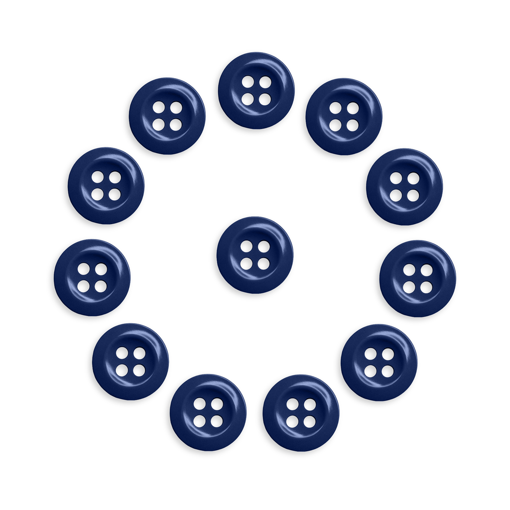 Twelve Work Shirt Buttons (12 Pack), navy blue and military spec, are arranged in a circle with one button in the center on a white background.