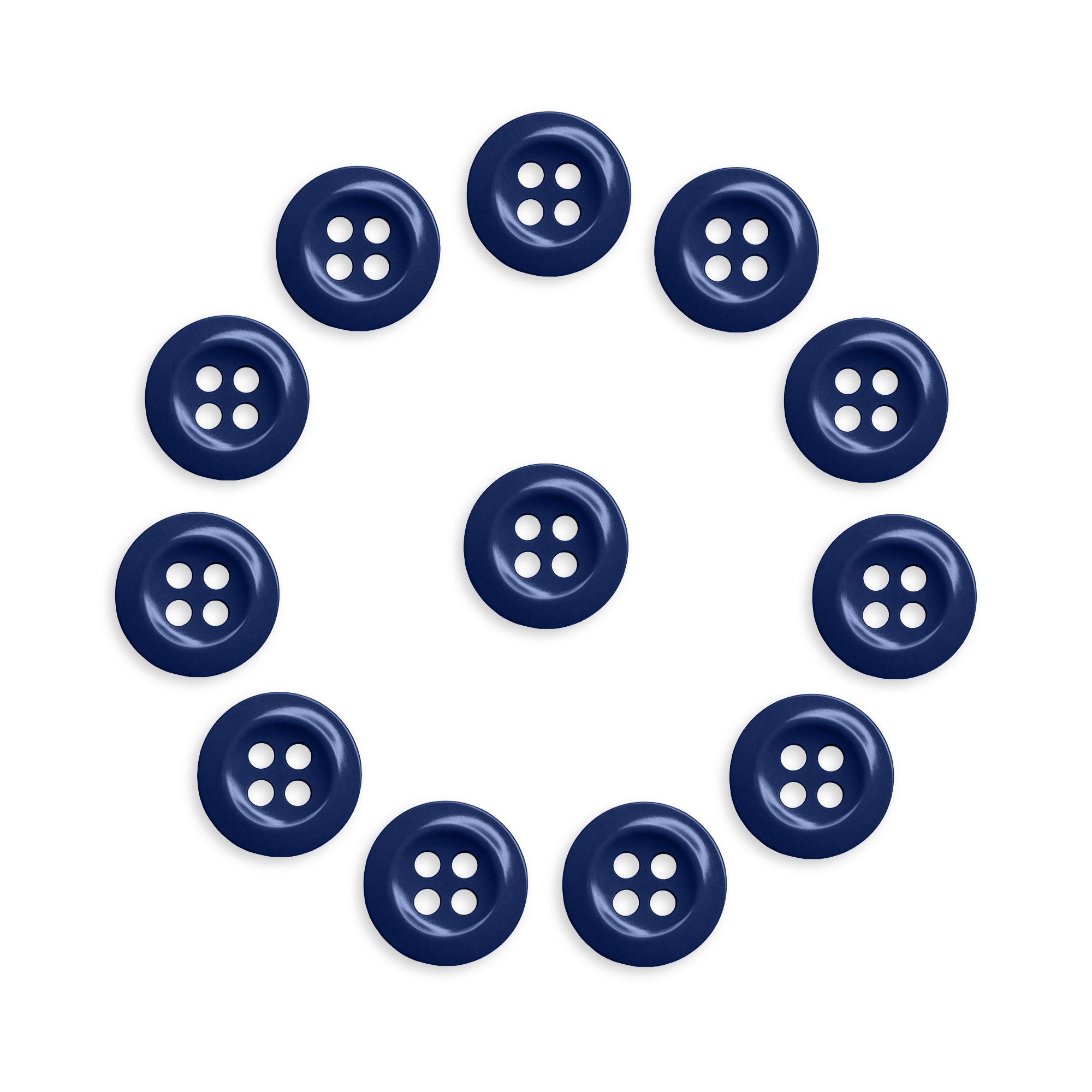 Twelve Work Shirt Buttons (12 Pack), navy blue and military spec, are arranged in a circle with one button in the center on a white background.