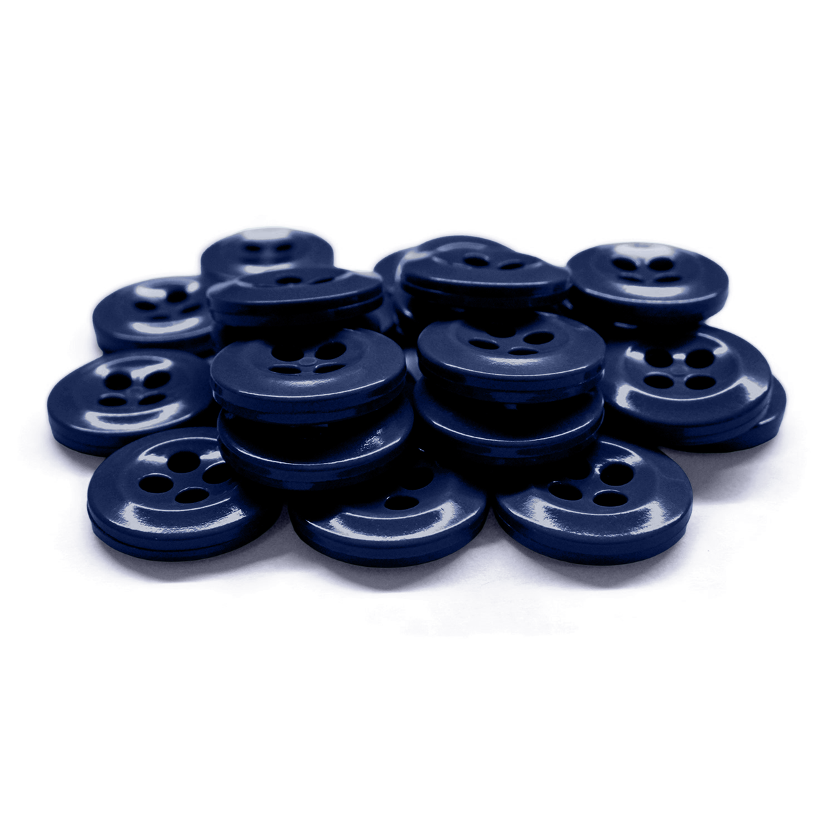 A stack of Work Shirt Buttons in dark blue military spec with four holes, arranged on a white surface.