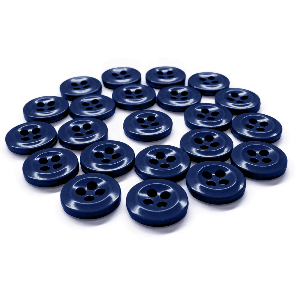 Twenty-two blue Work Shirt Buttons are arranged in a loose circular pattern on a white background.