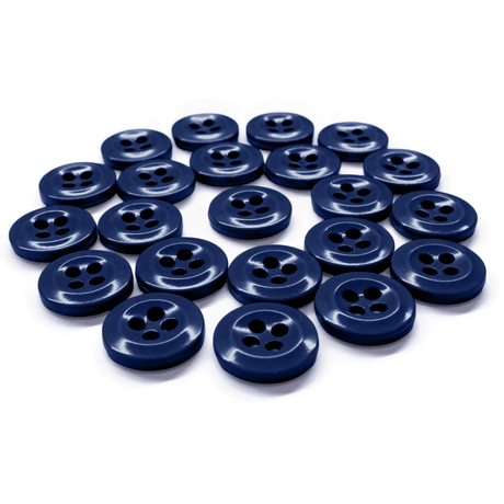 Twenty blue Work Shirt Buttons, each with four holes, are displayed in a semi-circular arrangement on a white background.