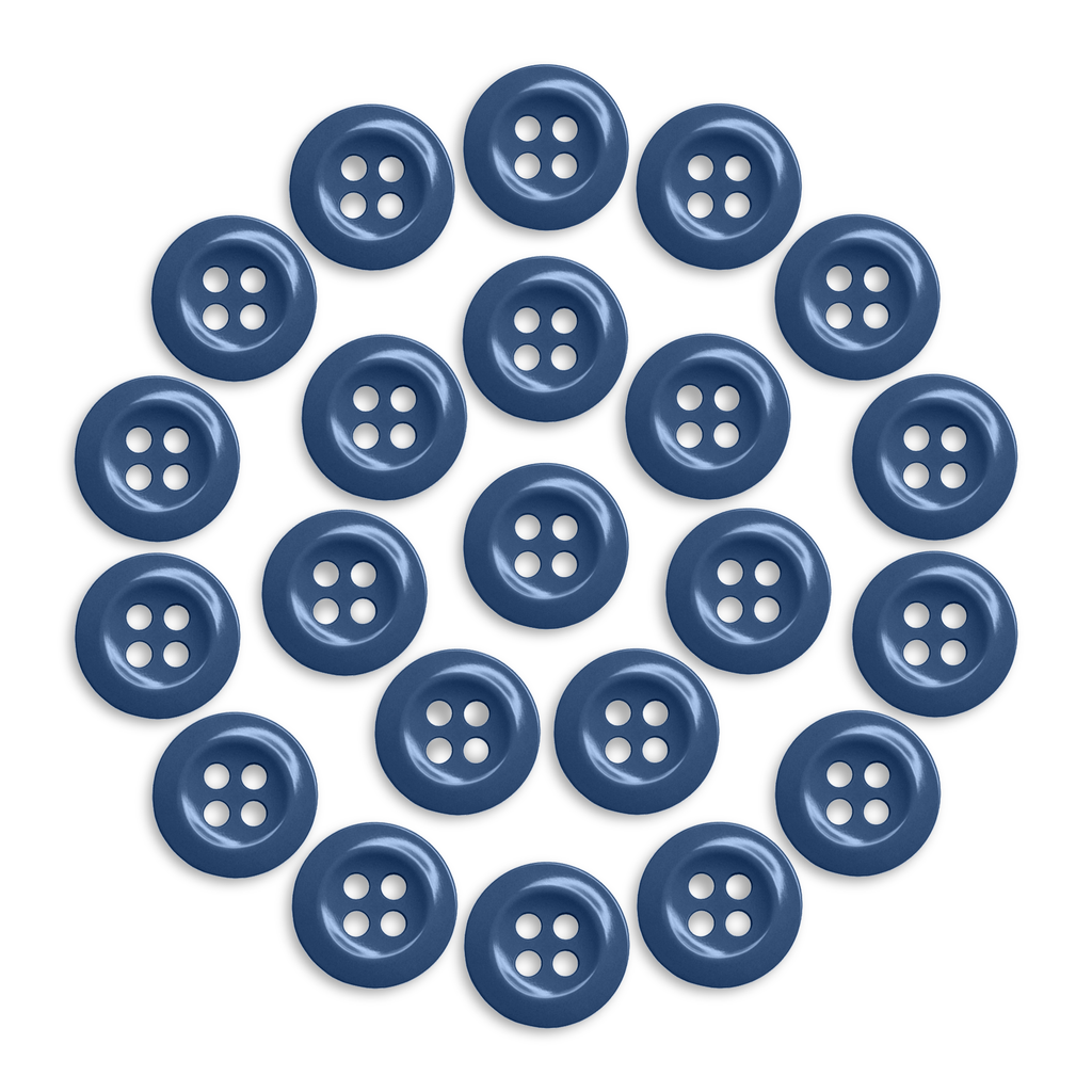 Twenty-two blue Work Shirt Buttons from the 22 Pack are arranged in a circle on a white background.