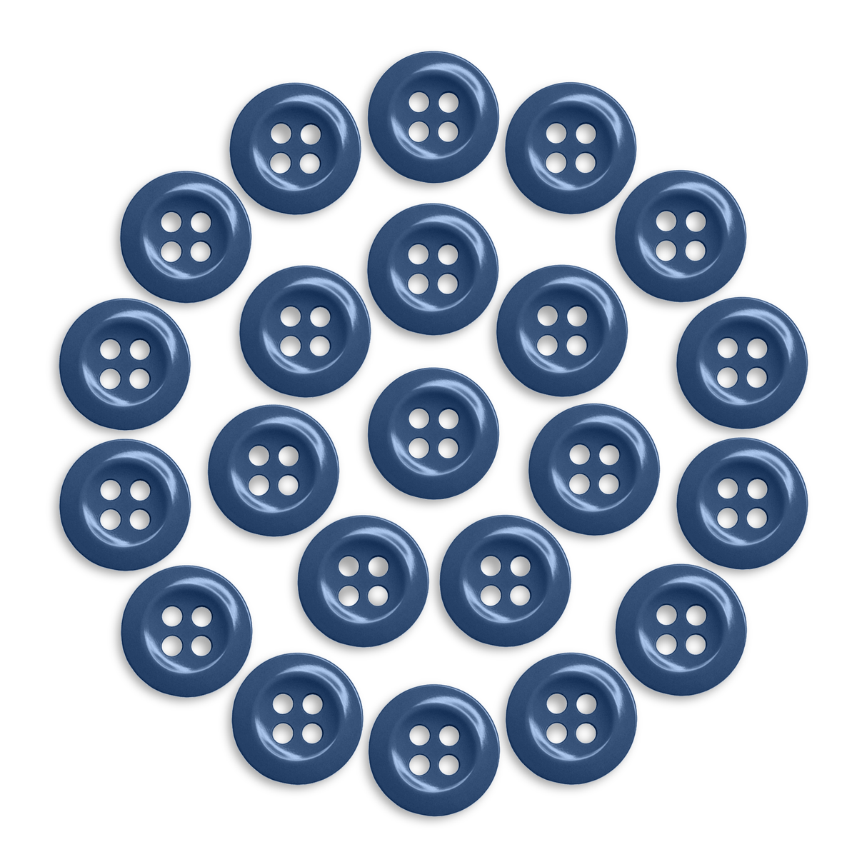 Twenty-three blue Work Shirt Buttons arranged in a circle pattern on a white background.