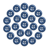 Twenty-three blue Work Shirt Buttons arranged in a circle pattern on a white background.