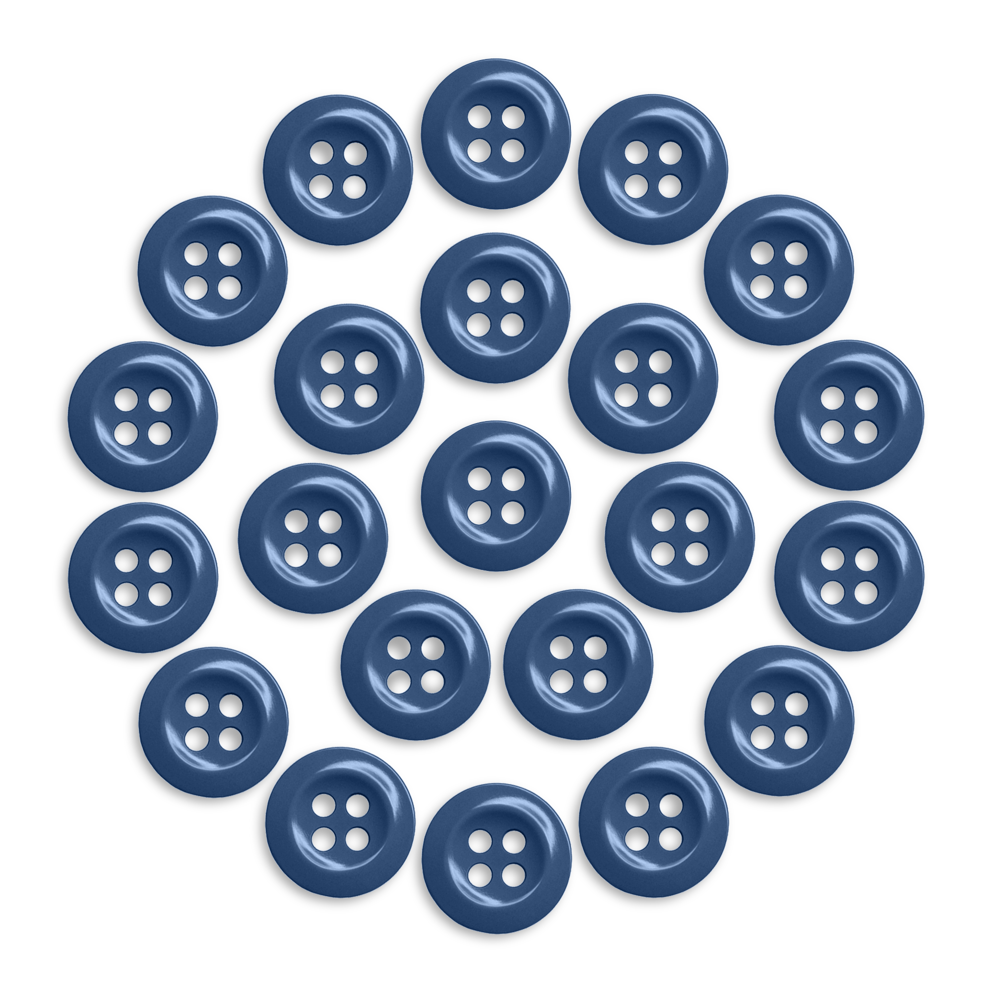 Twenty-two blue Work Shirt Buttons from the 22 Pack are arranged in a circle on a white background.