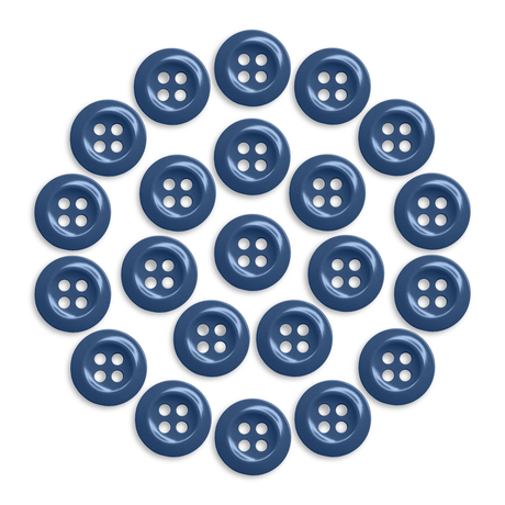 Twenty-three blue Work Shirt Buttons arranged in a circle pattern on a white background.