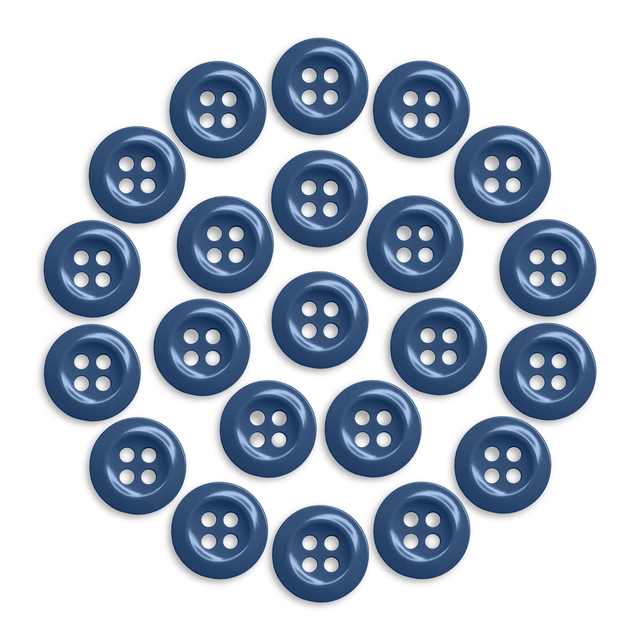 Twenty-three blue Work Shirt Buttons arranged in a circle pattern on a white background.