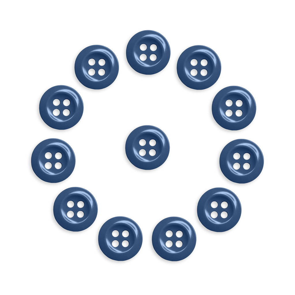 The Work Shirt Buttons 12 Pack features twelve durable uniform buttons arranged in a circle around a blue button on a white background.