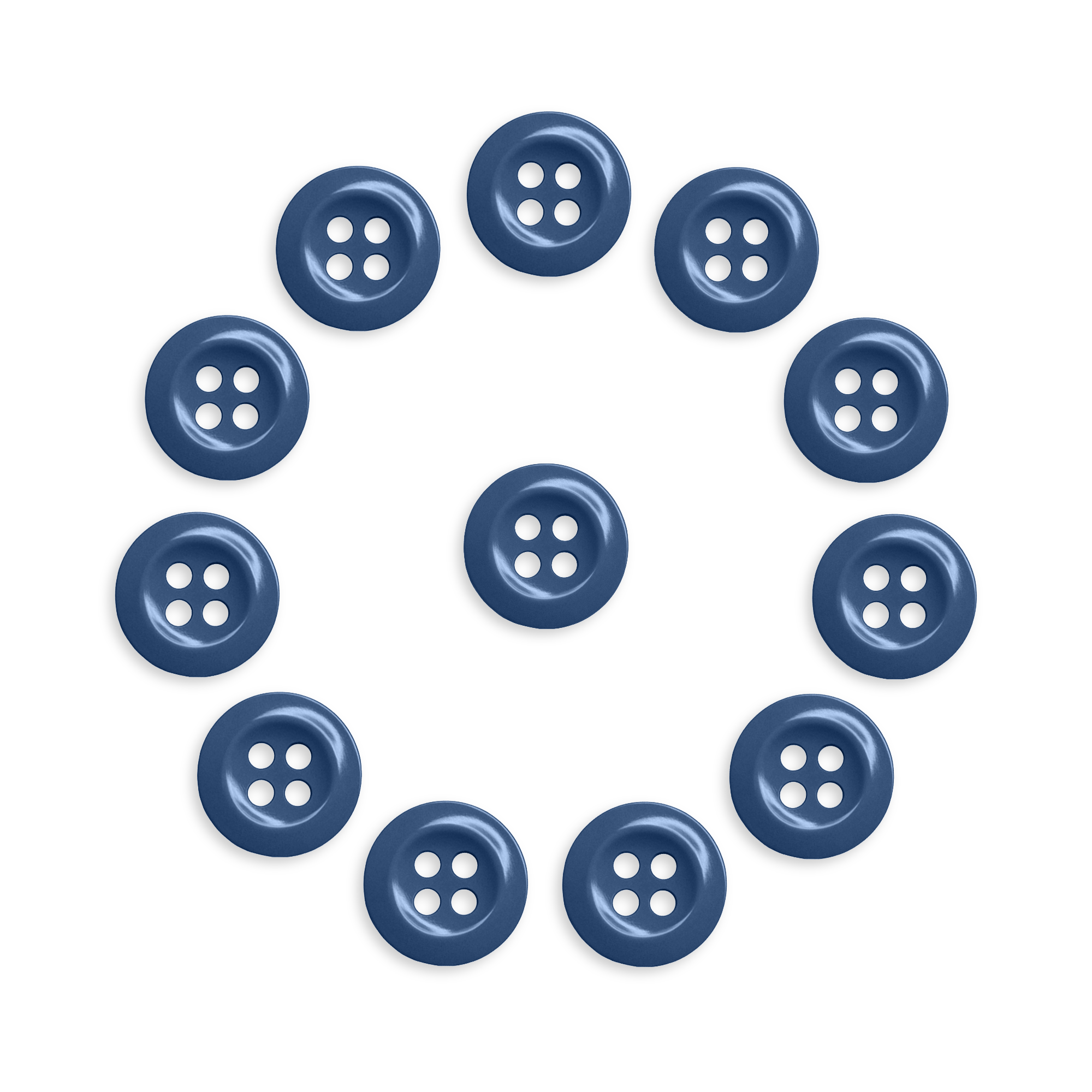 The Work Shirt Buttons 12 Pack features twelve durable uniform buttons arranged in a circle around a blue button on a white background.
