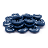 A collection of Work Shirt Buttons with a shiny blue finish and four holes, meeting military specifications, displayed on a white surface.